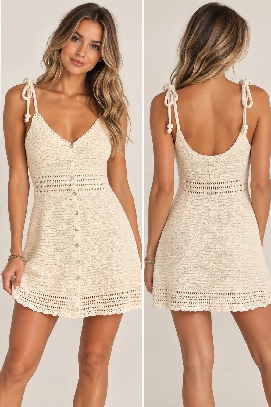 Olive + Oak Cream Crochet Knit Button Front Midi Dress Size M Tie Straps
